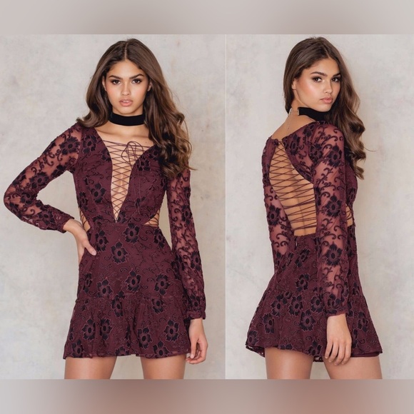 FOR LOVE AND LEMONS | Jolene Lace-Up Burgundy Dress Size S - Host Pick! - Picture 1 of 14